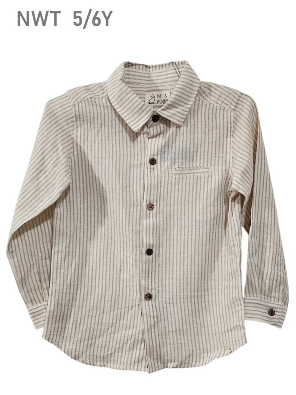 NWT - Me & Henry Light Beige Stripe Woven L/S Button Down Shirt Size 5/6Y